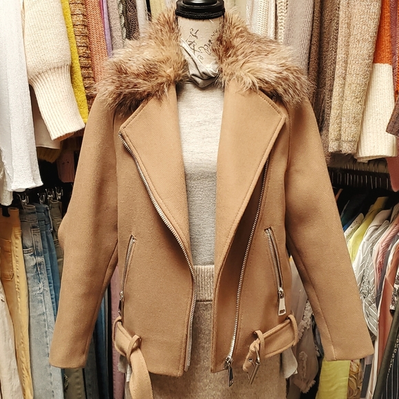 H&M wool blend Long biker jacket, Size 2 - Picture 6 of 16